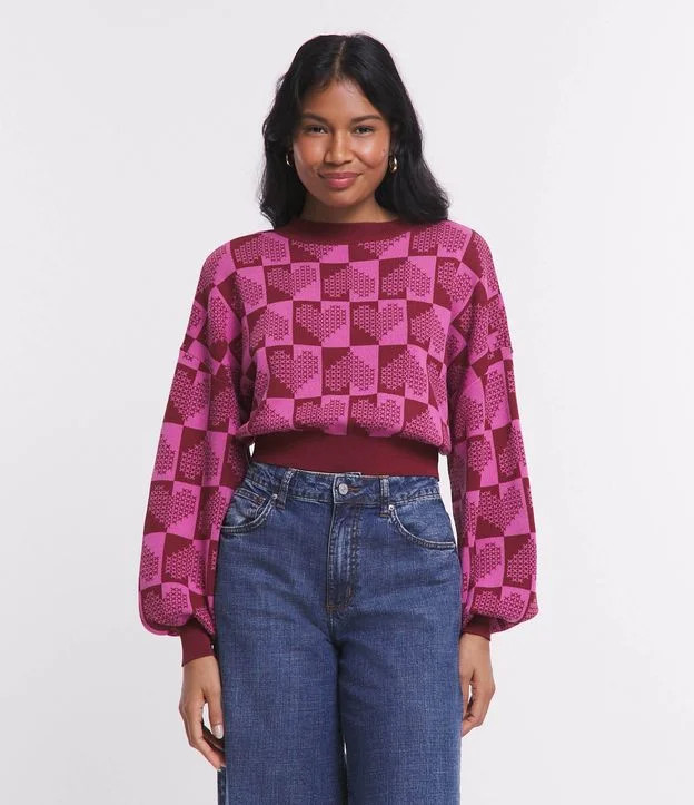 Suéter em Tricô Jacquard Corações com Mangas Bufantes Rosa | Renner (BR)