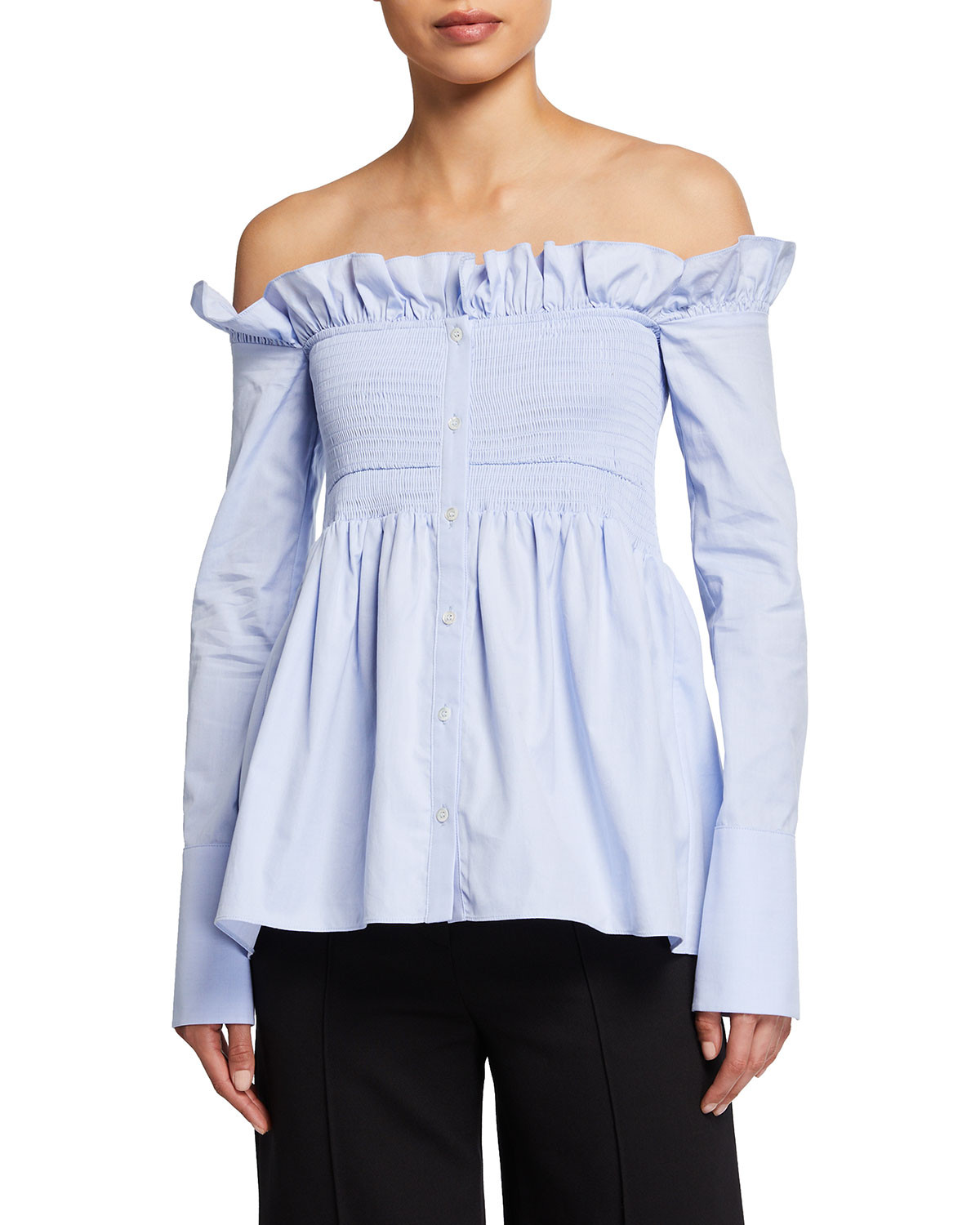 Smocked Off-Shoulder Oxford Shirt | Neiman Marcus