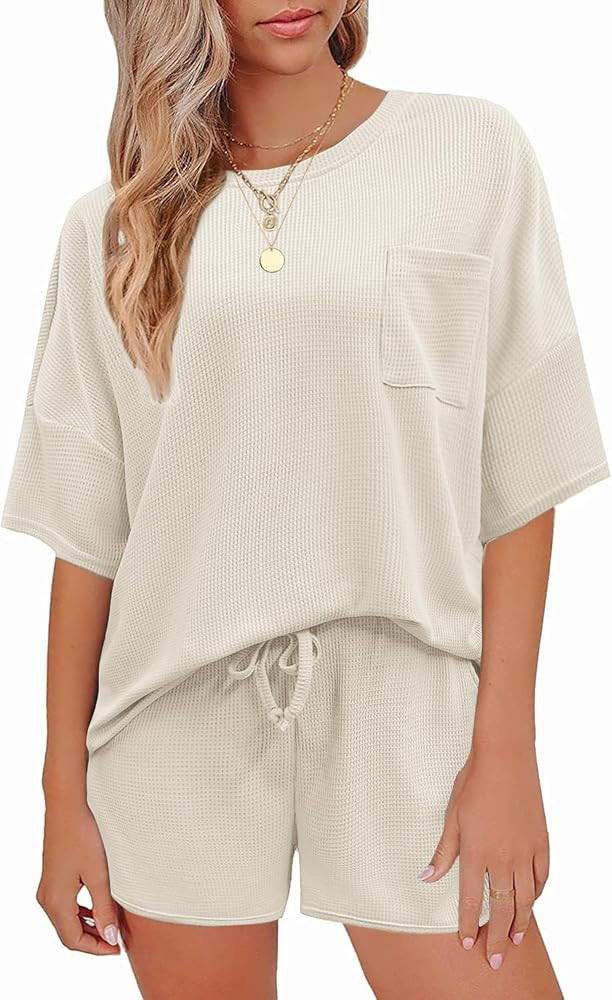 Andeip Pajamas Womens Waffle Knit Lounge Set Short Sleeve Top and Shorts 2 Piece Loungewear Outfi... | Amazon (US)