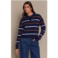 Navy Stripe Polo Knit Long Sleeve Rugby Top | PrettyLittleThing UK