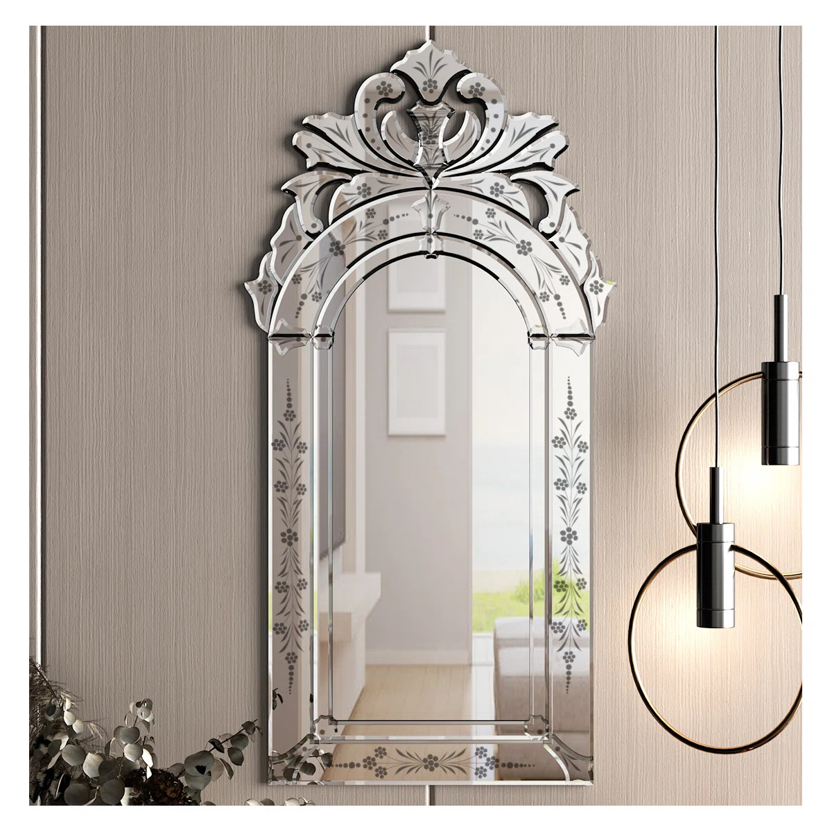 Gisella Beveled Frameless Wall Mirror with Floral Etched Decorative Accent Mirror Window Shaped f... | Wayfair North America
