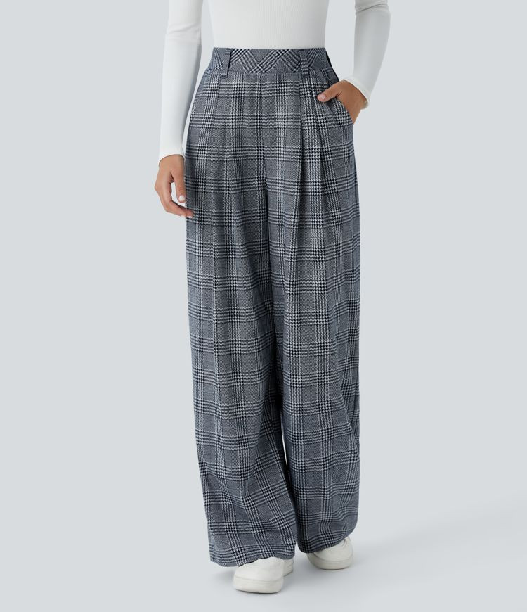 Women’s High Waisted Side Pocket Wide Leg Houndstooth Plaid Casual Pants - Halara | HALARA