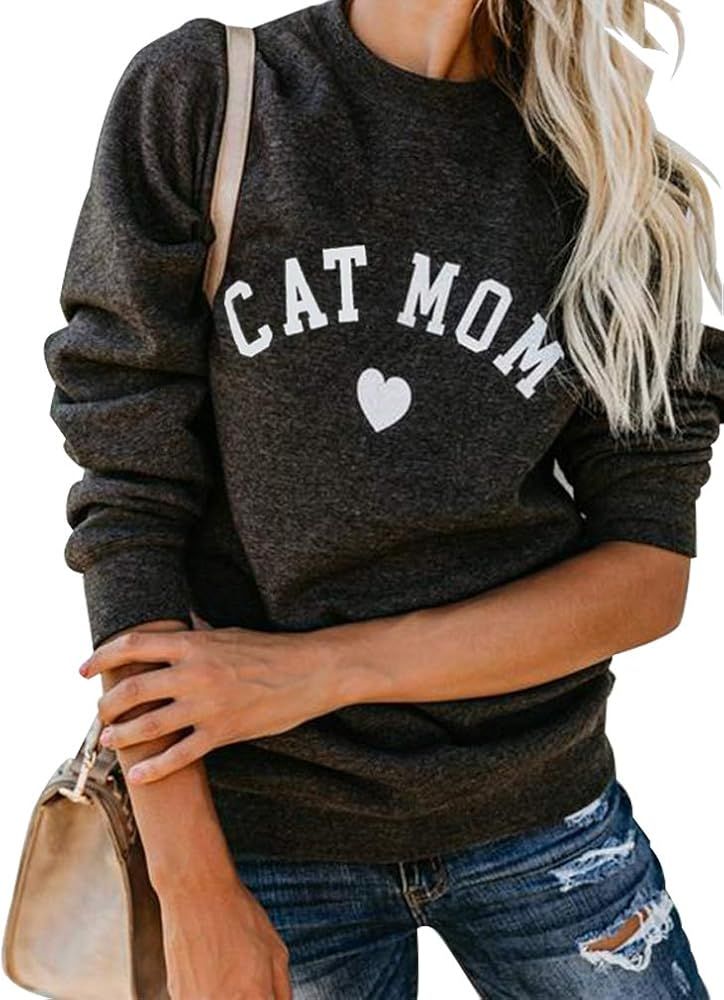Heymiss Womens Tops Cat Dog Mom Shirts Long Sleeve Crewneck Graphic Tees | Amazon (US)