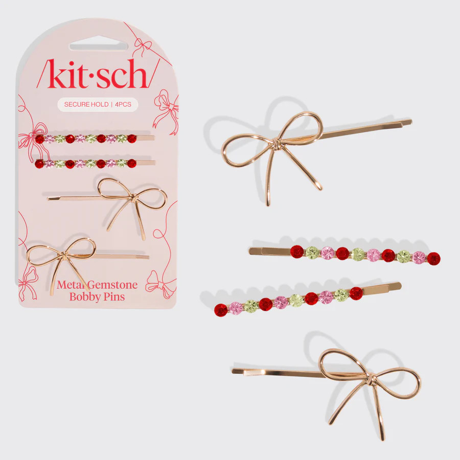 Red, Pink, & Green Gemstone and Bow Bobby Pins | Kitsch