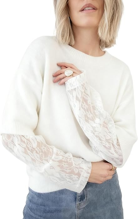 Women's Lace Long Sleeve Sweater Crewneck Casual Loose Ribbed Knit Top | Amazon (US)