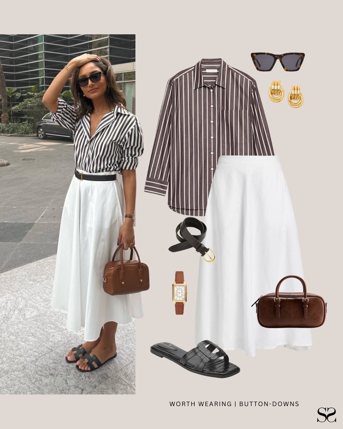 Striped button-down tucked into a white midi skirt for Spring! Belted, styled with black slides and a barrel bag. Swap the slides for a heel and this goes straight to the office.

Brown stripe button-down shirt, white A-line midi skirt, black belt, black slide sandals, brown barrel bag, watch

#LTKSeasonal #LTKootd #LTKgrwm