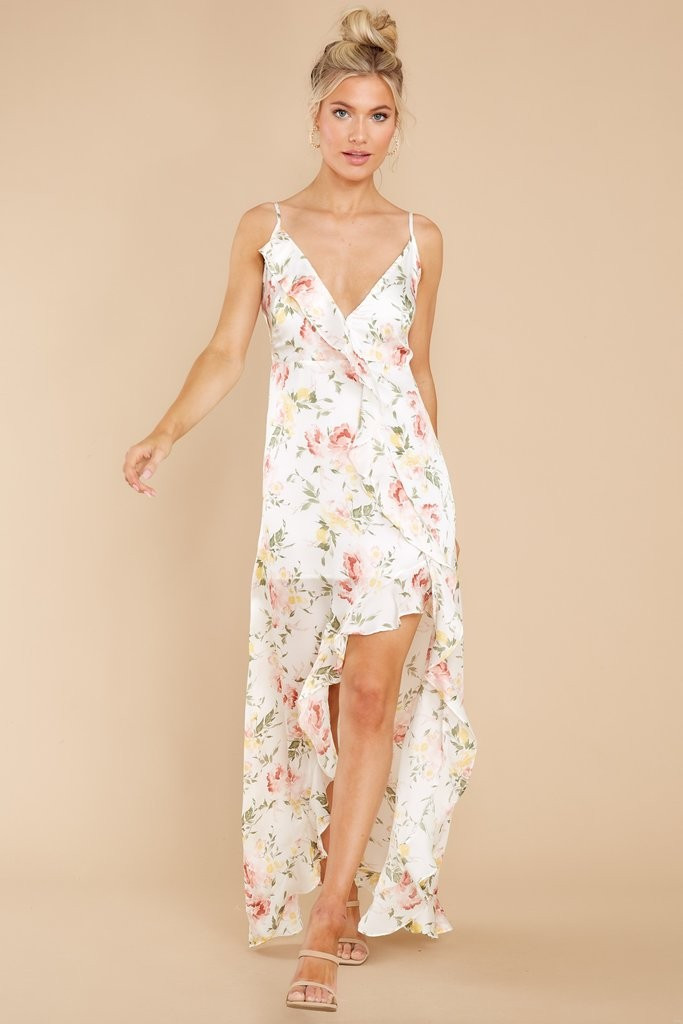 Garden Blooms White Floral Print High Low Dress | Red Dress 