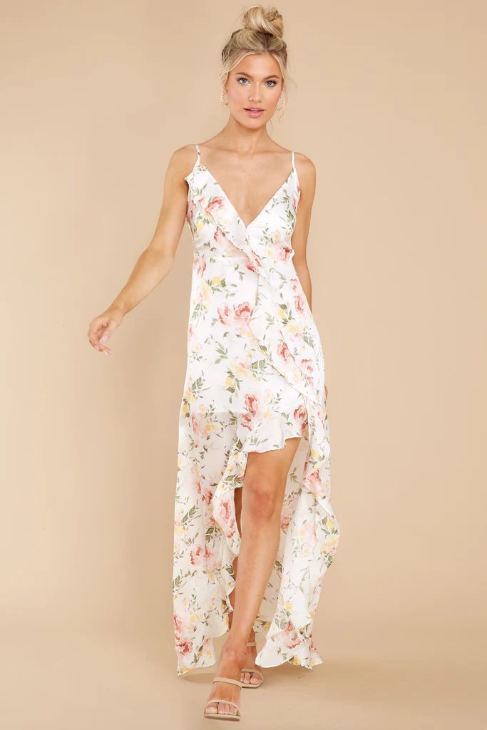 Garden Blooms White Floral Print High Low Dress | Red Dress 