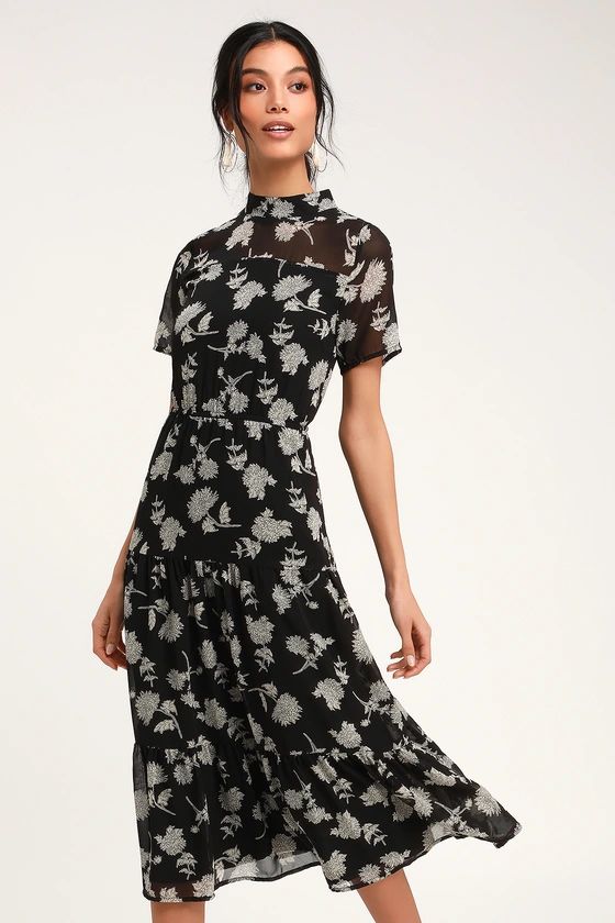 Floral Dressed Up Black Floral Print Midi Dress | Lulus