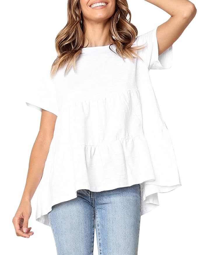 Fmolucity Women's Casual Short Sleeve Loose Blouse High Low Hem Ruffle Peplum Tops T Shirts | Amazon (US)