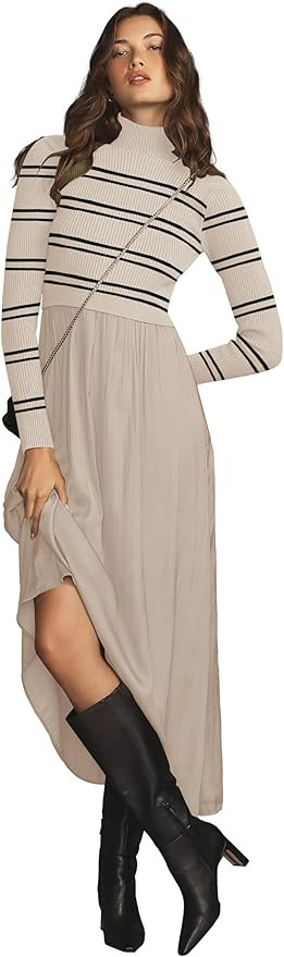 Womes Mock Turtleneck Long Sleeve Ribbed Knit Pullover Tops Fashion Long Maxi Dress | Amazon (US)