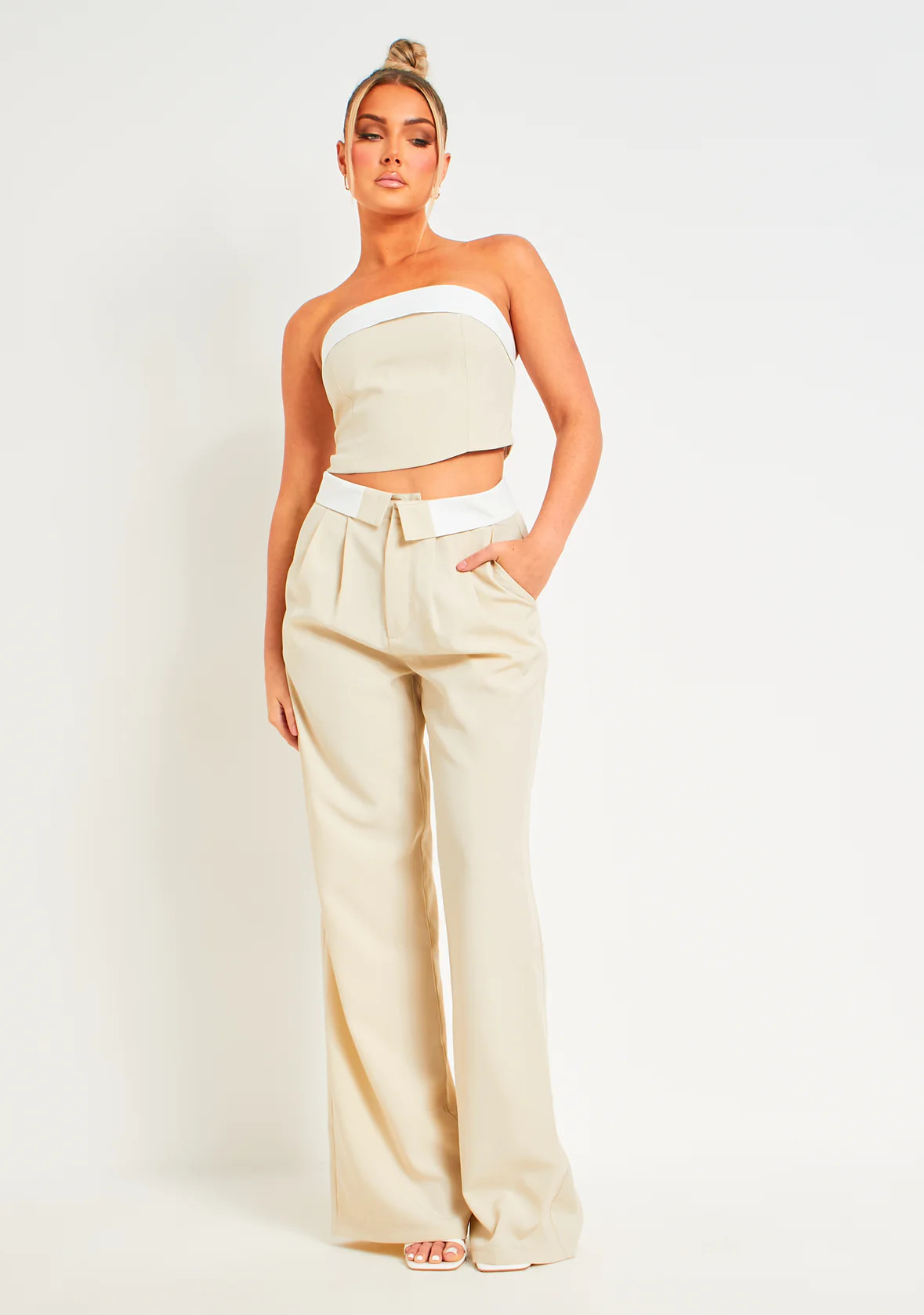 Gracie Beige Fold Over Waist Wide Leg Trousers | Missy Empire (UK)