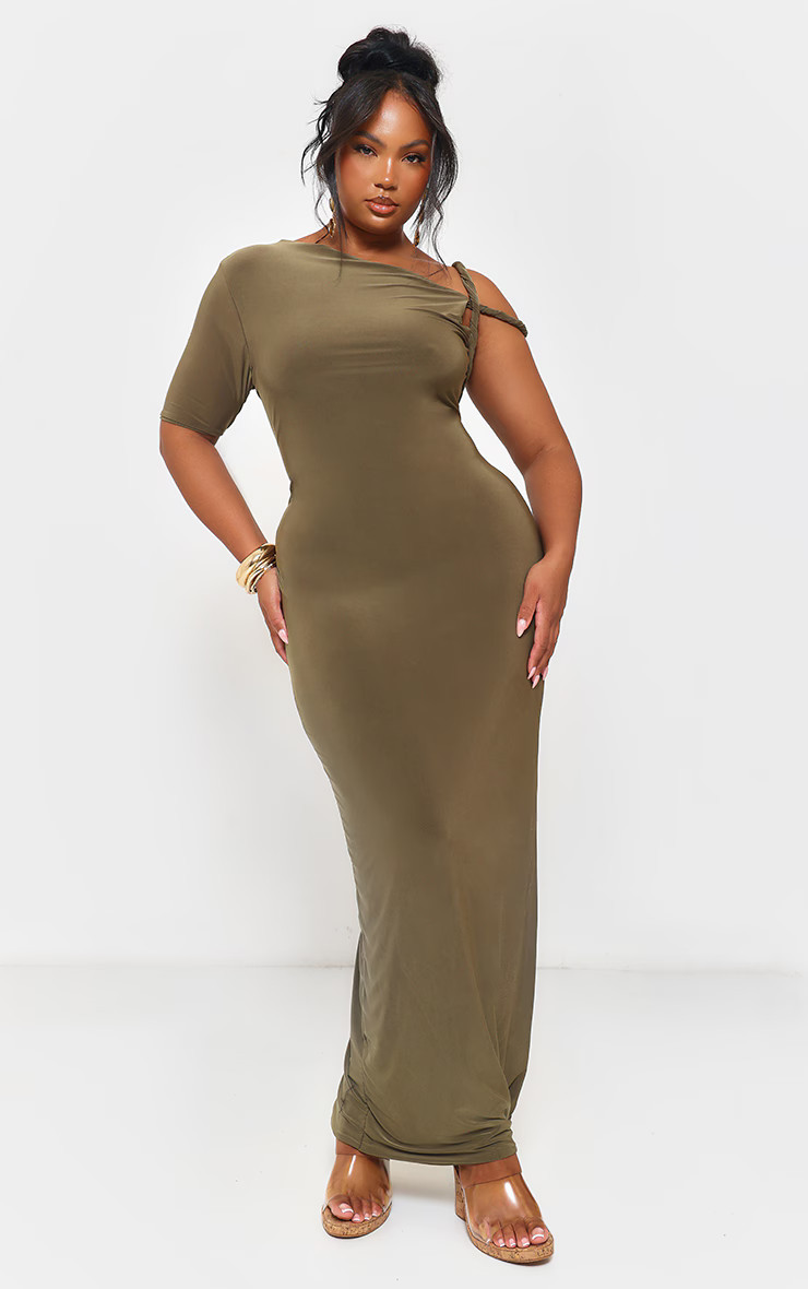 Plus Dark Olive Slinky Twist Shoulder Midaxi Dress | Pretty Little Thing (Australia & New Zealand)