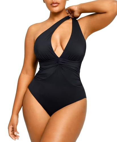 SHAPELLX Tummy Control Swimsuit for Women Ruched V Neck One Piece Bathing Suit Full Coverage Shapewear Swimsuits Black L | Amazon (US)