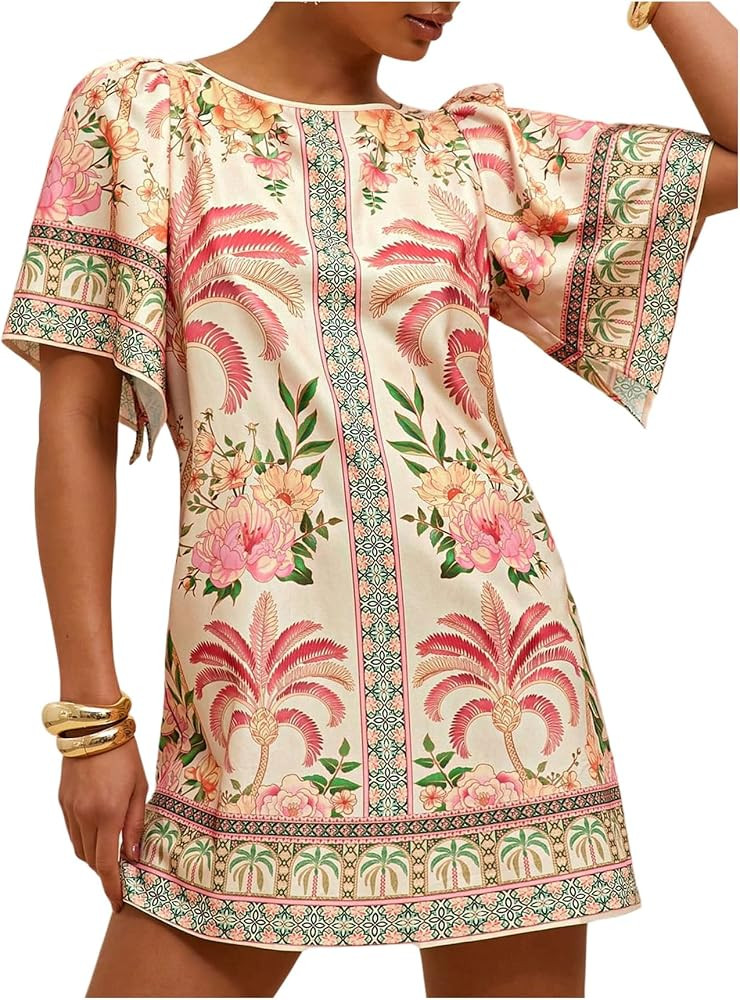 RoseSeek Women's Boho Floral Dress Crew Neck Puff Sleeve Mini Dress Tropical Vacation Tunic Dress | Amazon (US)