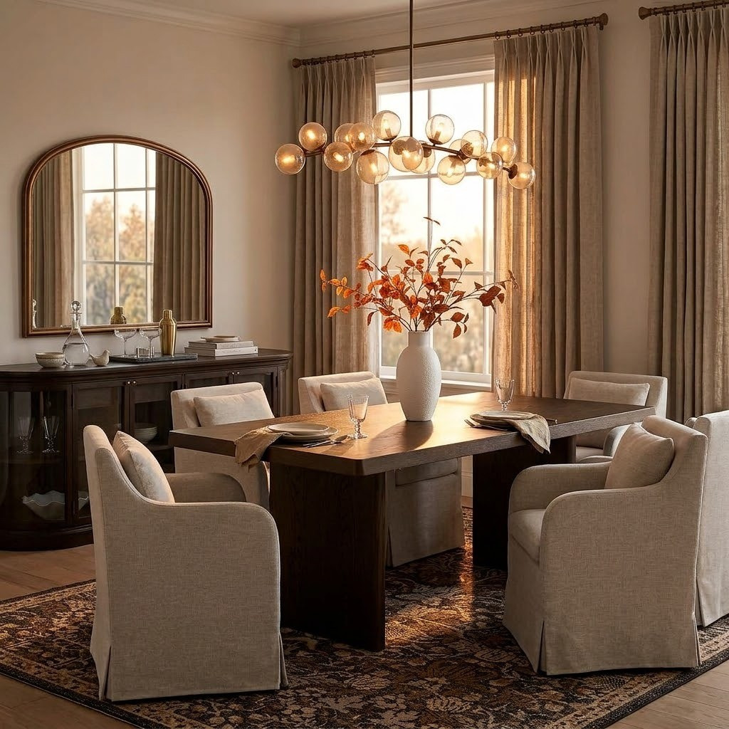 Creating the coziest dining vibes with this textured Crate & Barrel look. The warm amber glass chandelier pairs perfectly with the dark oak table and tailored linen slipcover chairs. It’s the ideal welcoming space for hosting!#diningroomgoals #crateandbarrel #interiordesign #moderntraditional

#LTKHome