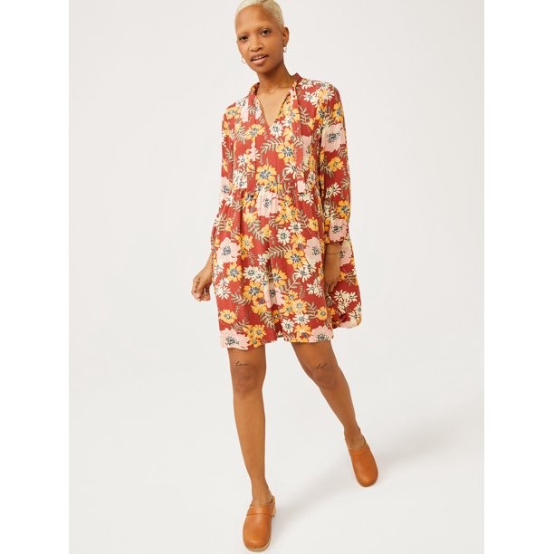 Free Assembly Women's Long Sleeve Swing Dress with Tie Neck | Walmart (US)