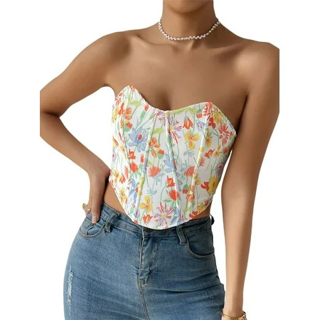 hirigin Floral Corset Top 2000s Aesthetic Women Fishbone Strapless Tube Vest Fairy Grunge Crop T Shi | Walmart (US)