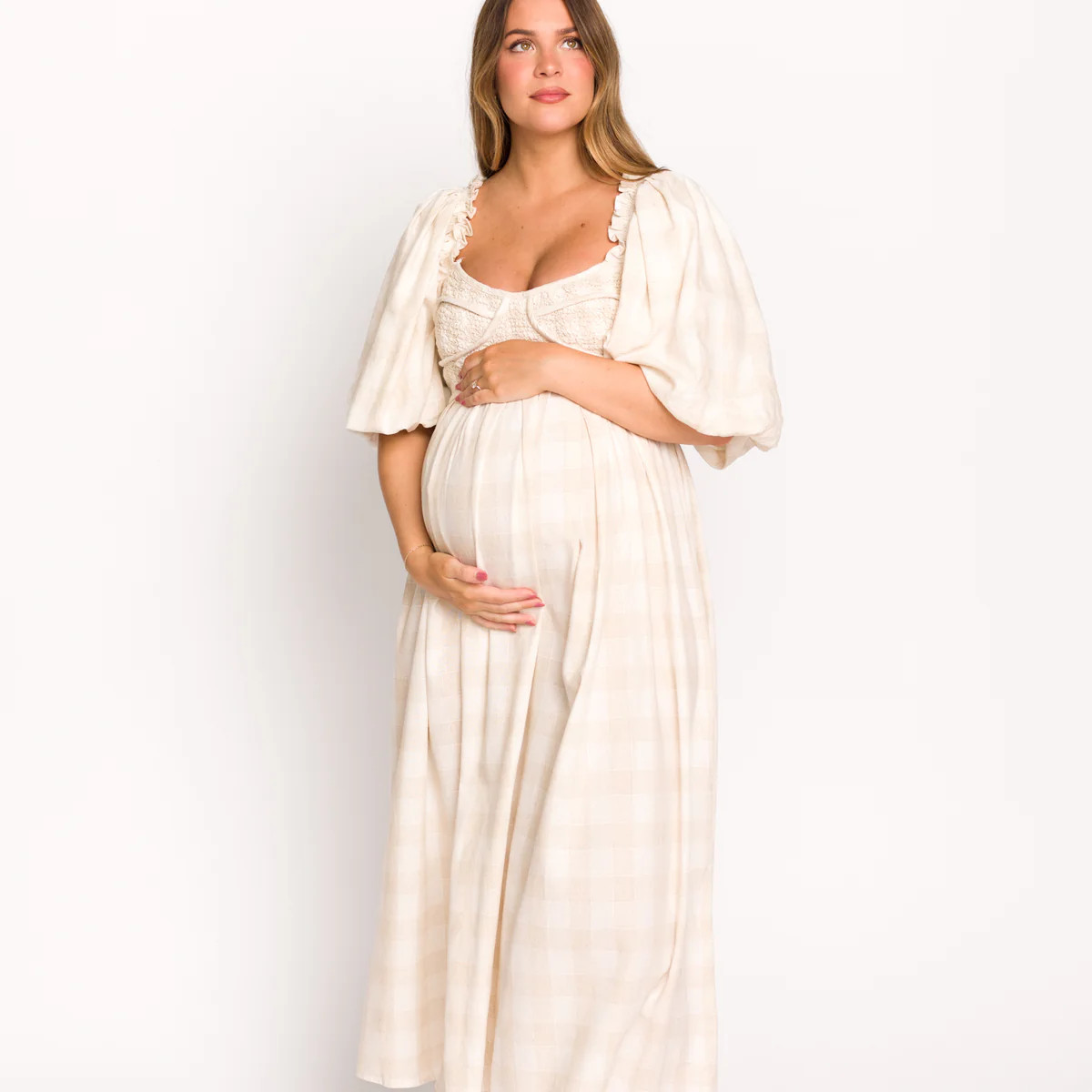 Harlow Maxi Dress in Natural Plaid - Bump Friendly (S-XL) | Worth Collective