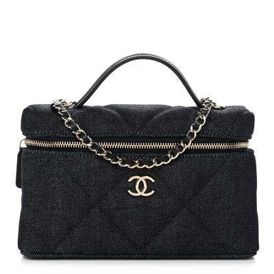 Chanel Denim Quilted Top Handle Slim Vanity Case With Chain Dark Blue | FASHIONPHILE (US)