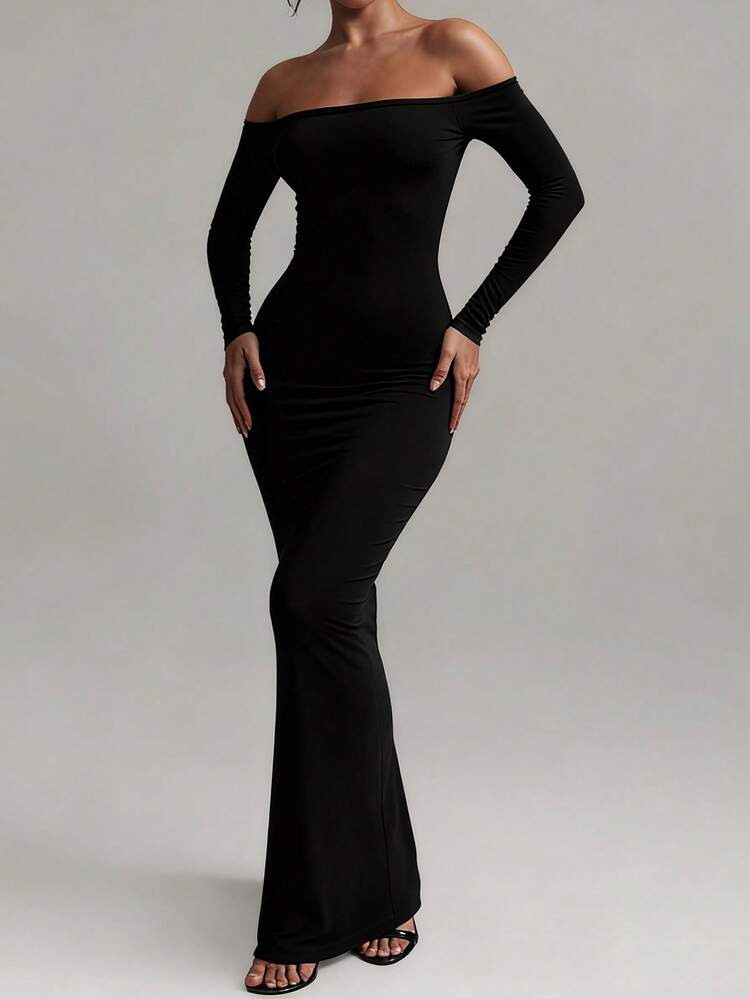 XLLAIS Elegant Off Shoulder Long Sleeve Black Dress Evening New Year Party Slim Fit Maxi Dress For Women | SHEIN