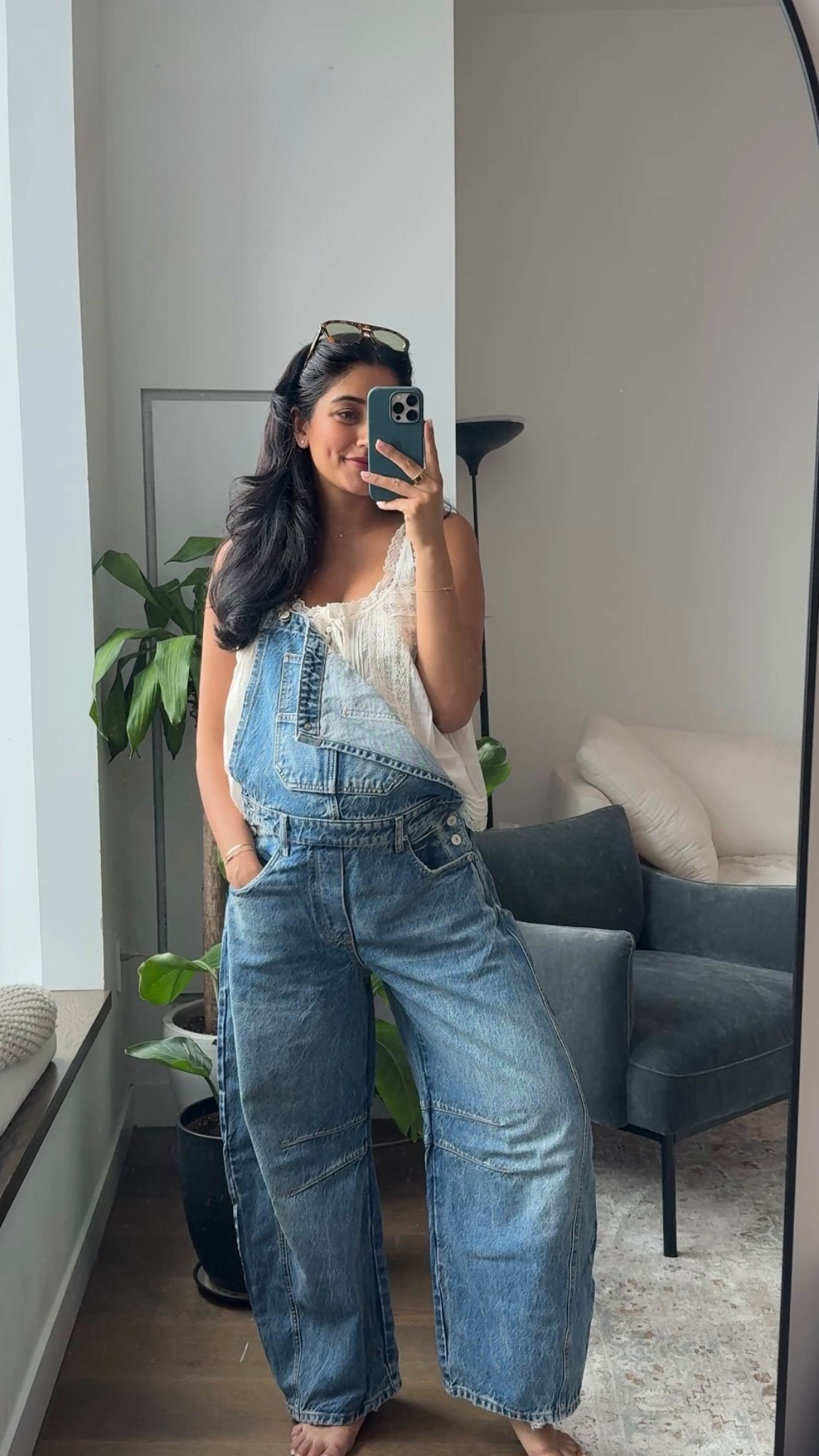 An outfit I lived in pregnant and now. I sized up one in the overalls, they have buttons on the side which can be opened to accommodate a bump 