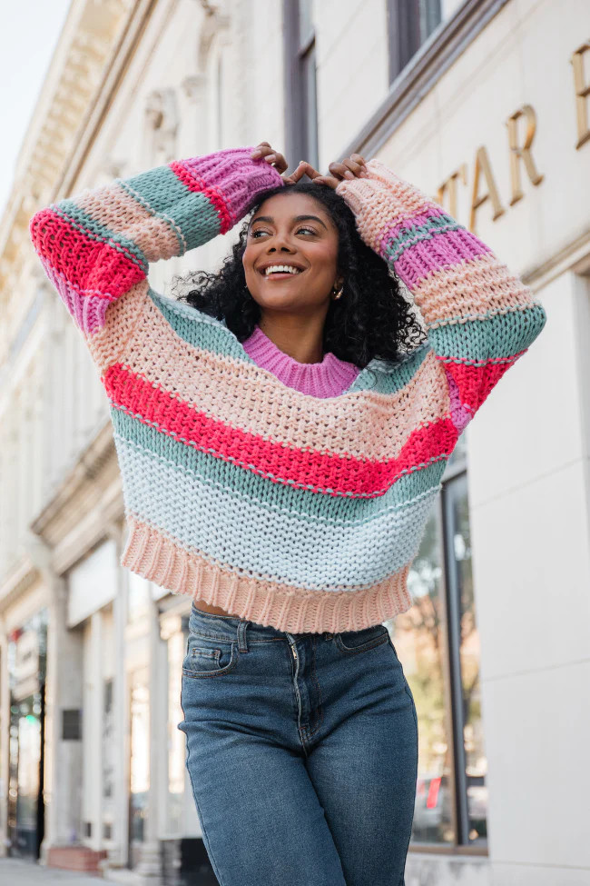 In Line Peach Multi Chunky Striped Sweater | Pink Lily