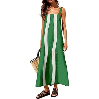 Yidarer Women's Summer Boho Maxi Dress Color Block Adjustable Straps Beach Cover Ups with Pockets | Amazon (US)