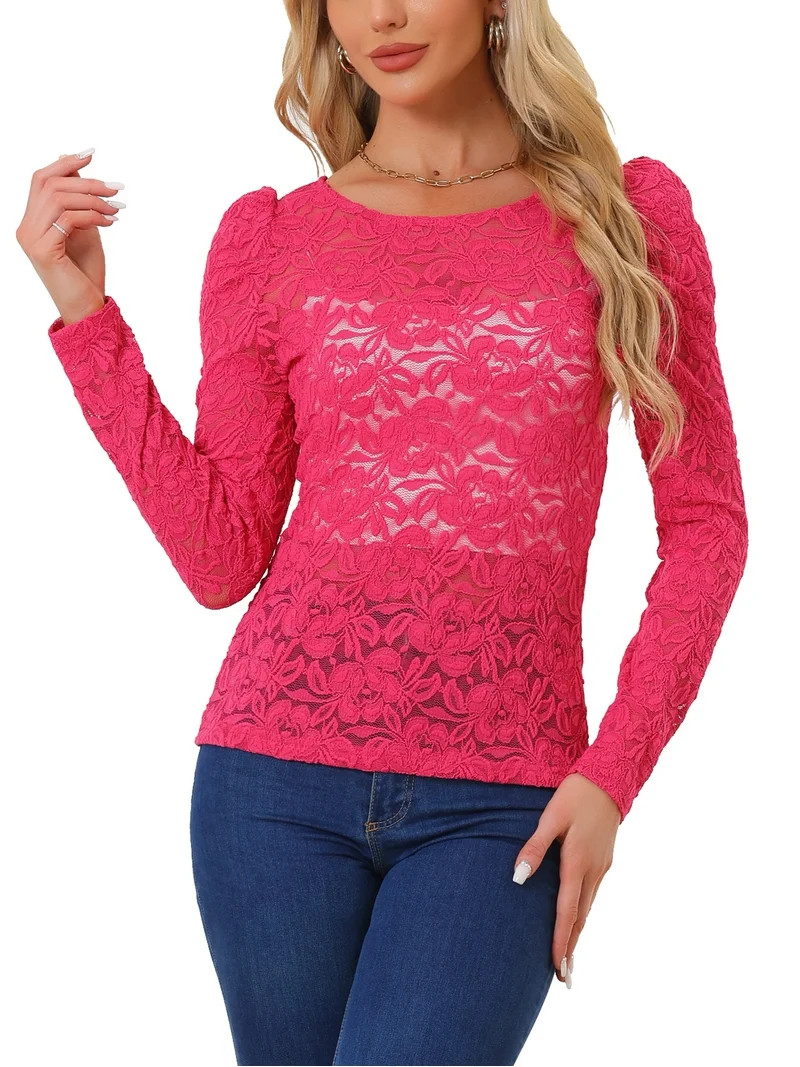 INSPIRE CHIC Women's Tops Puff Long Sleeve Semi Sheer Floral Lace Blouses M Hot Pink | Walmart (US)