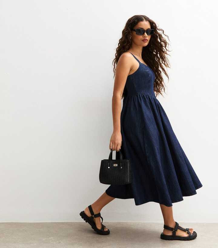 Petite Blue Denim Look V Waist Midi Dress | New Look | New Look (UK)