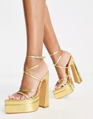 Ego Whole Life platform heel strappy sandals in gold | ASOS (Global)