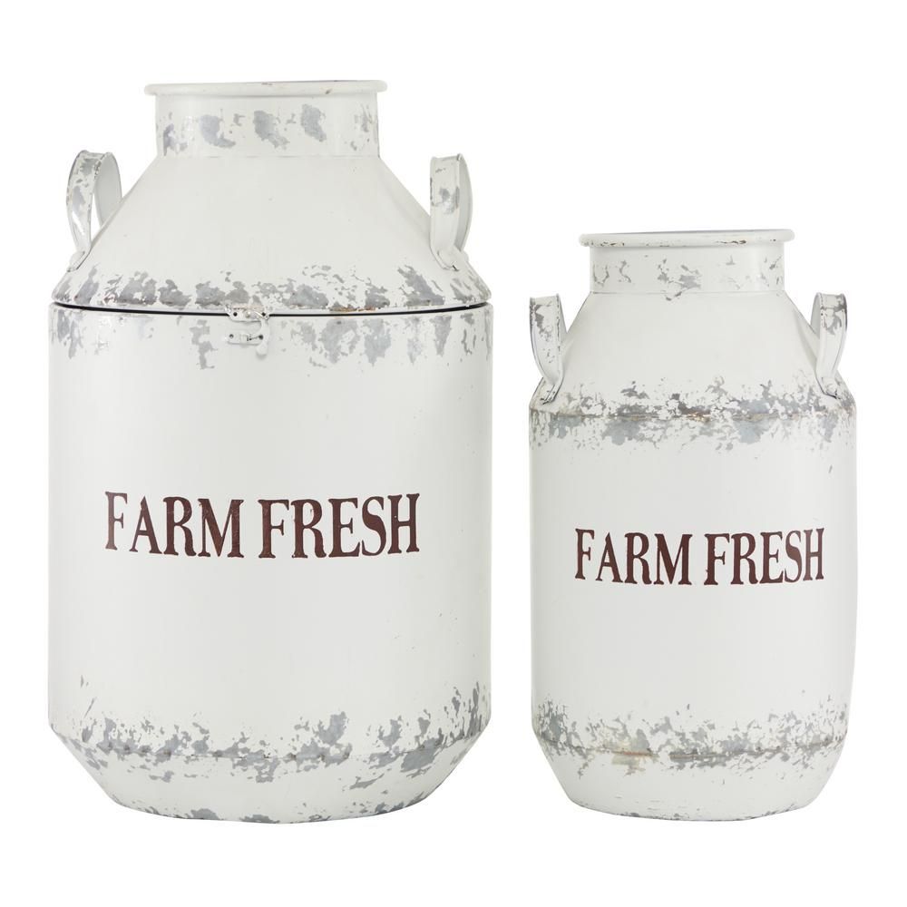 LITTON LANE White Iron Milk Cans with Handles (Set of 2) | The Home Depot
