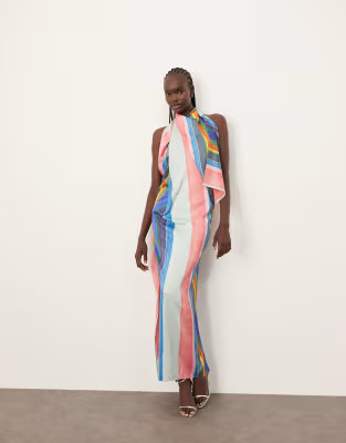 ARRANGE satin high neck drape maxi dress in painterly stripe | ASOS (Global)