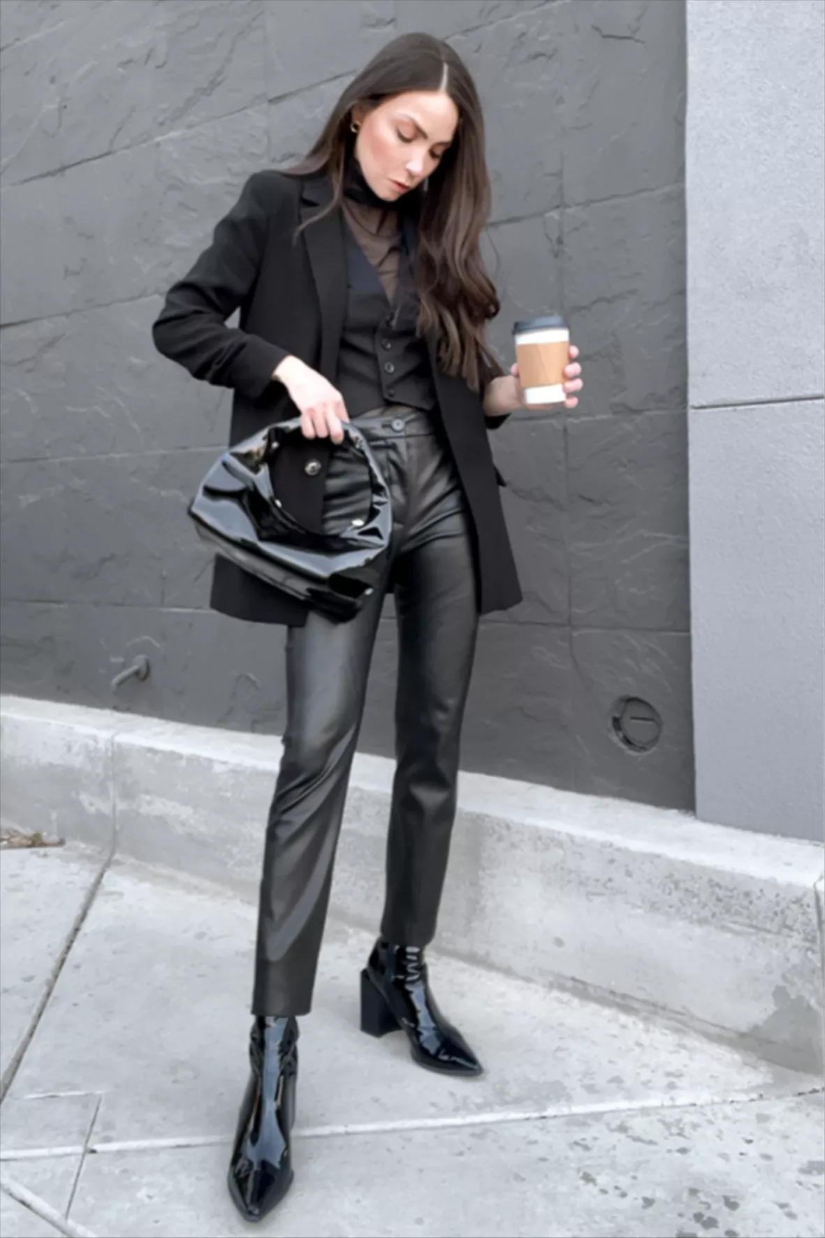 Grey Blazer with Black Leather Pants Outfits For Women (15 ideas