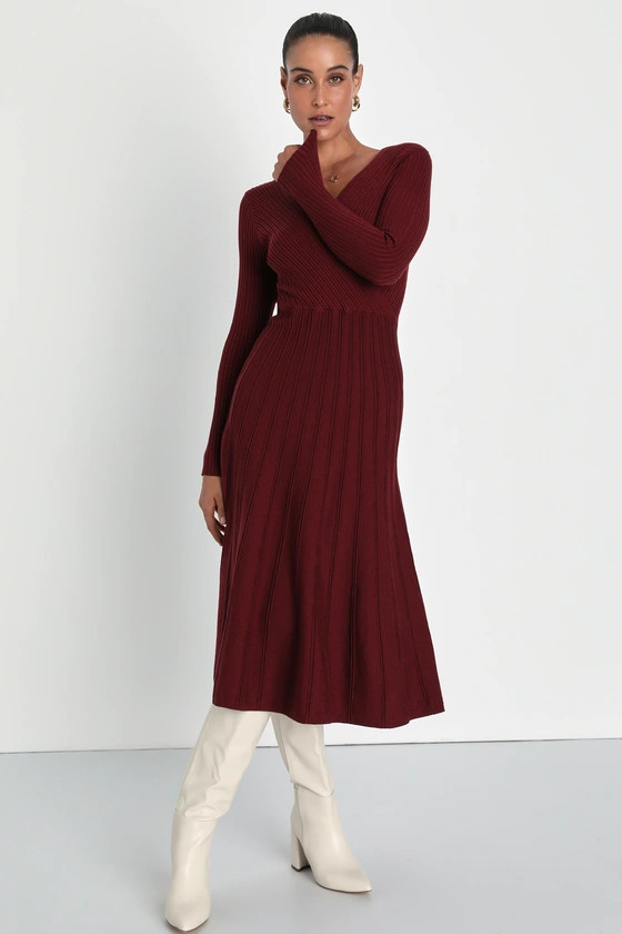 Cozy Inspiration Burgundy Ribbed Skater Midi Sweater Dress | Lulus
