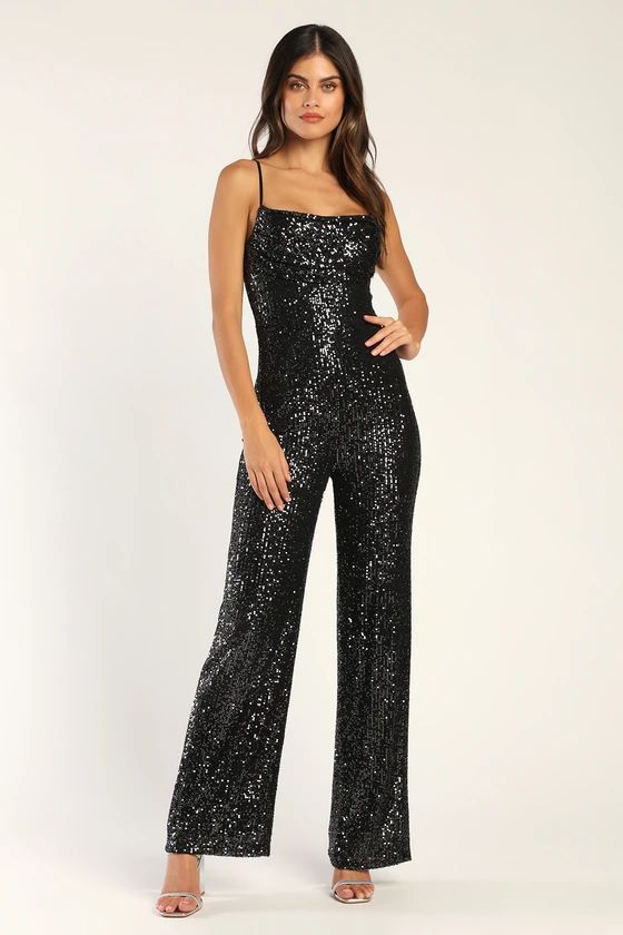 Gleaming Galore Black Sequin Cowl Neck Jumpsuit | Lulus (US)