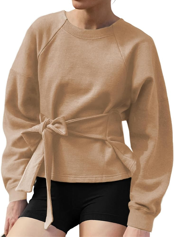 Zhiyouni Women's Long Sleeves Shirt Tops Casual 2025 Fall Fashion Crewneck Tie Knot Sweatshirt Pu... | Amazon (US)