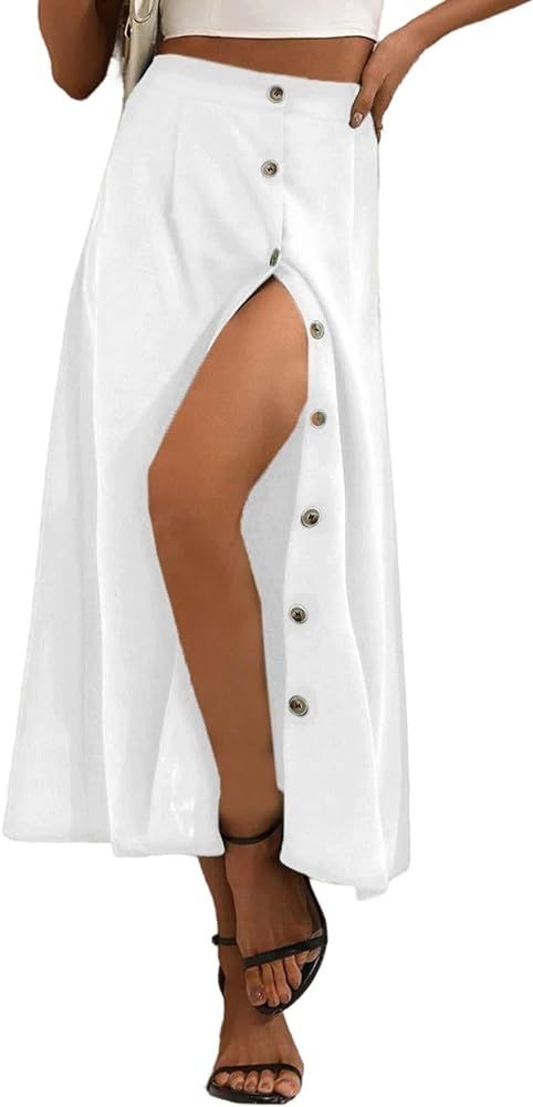 SOFIA'S CHOICE Women's Button Front Split Midi Skirt High Waisted A Line Skirts | Amazon (US)