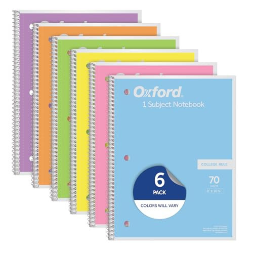 Oxford Spiral Notebook, 1 Subject, College Ruled Paper, 8 x 10-1/2 Inch, Pastel Pink, Orange, Yellow, Green, Blue and Purple, 70 Sheets (63756), Set of 6 | Amazon (US)
