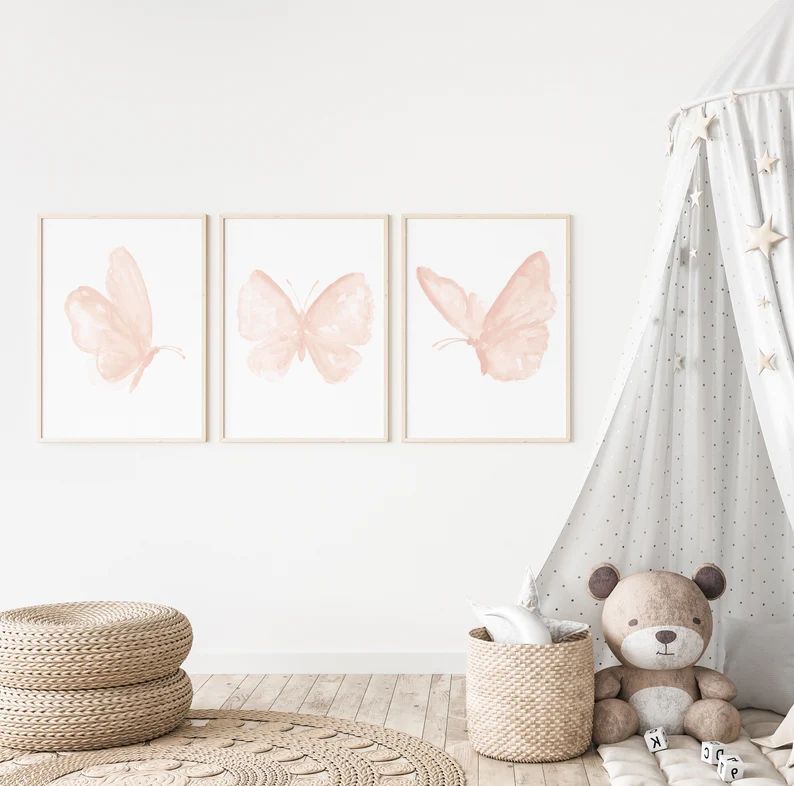Butterfly Art Print, Blush Pink Nursery Art, set of 3 Prints, Baby Girl Nursery Decor, Kids Room ... | Etsy (US)