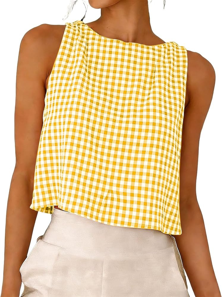 Womens Sleeveless Tank Tops Cotton Linen Gingham Plaid Crew Neck Cropped Blouse Button Back Casua... | Amazon (US)