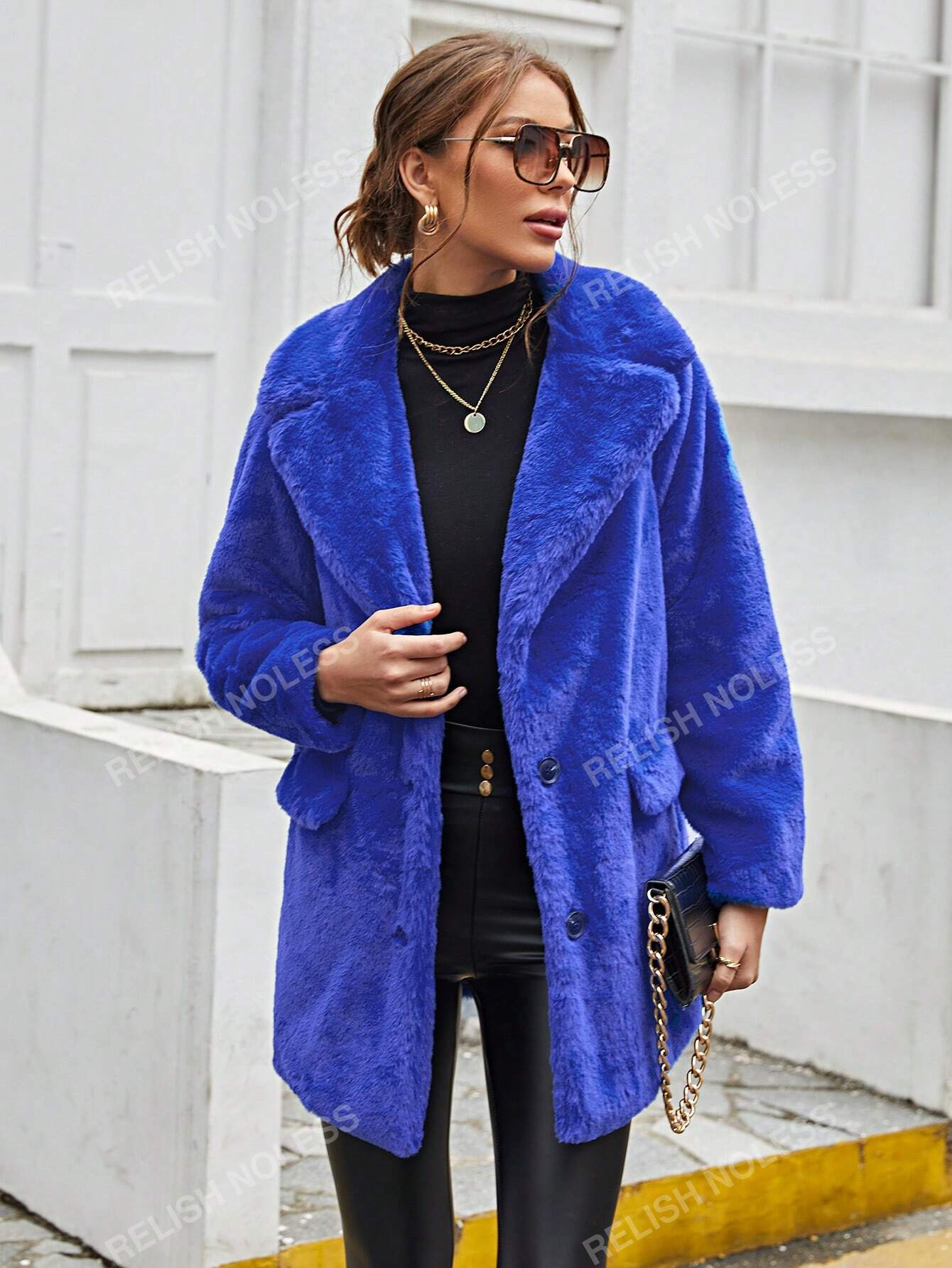 RELISH NOLESS Lapel Neck Flap Detail Fuzzy Coat | SHEIN