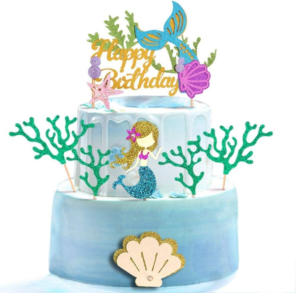 ALISSAR Glitter Mermaid Theme Birthday Cake Topper with Seaweed and Mermaid, Cake Cupcake Toppers... | Amazon (US)