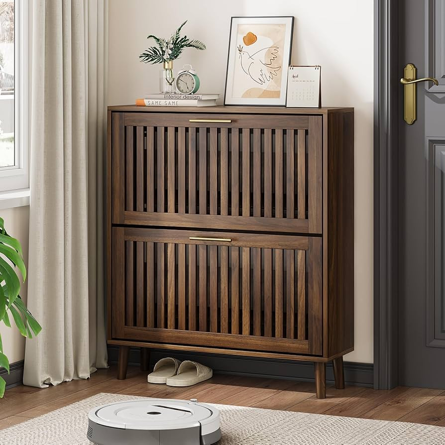 Shoe Cabinet, Shoe Storage Cabinet with Louvered 2 Flip Drawers, Narrow Shoe Cabinet Storage for ... | Amazon (US)