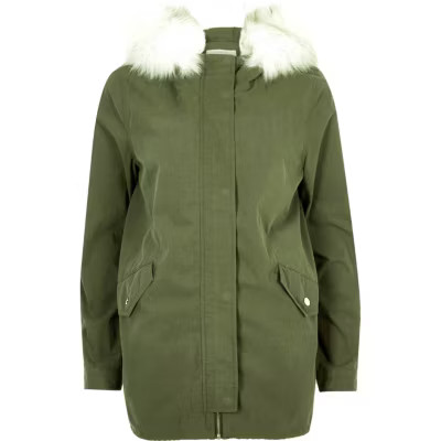 Khaki faux fur trim swing parka jacket | River Island (US)