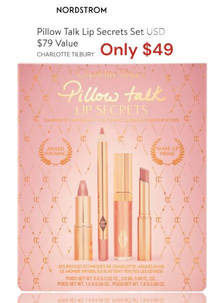 Nordstrom has Charlotte Tilbury Pillow Talk Lip Secrets on sale! Normally $79 for all 4 lippies, but sale price is only $49 plus free shipping! 

You get…

Lip Cheat Lip Liner in Pillow Talk (0.02 oz.): A rich, velvety liner with the power to reshape, resize and balance your lips.

- Collagen Lip Bath Lip Gloss in Pillow Talk (0.08 oz.): A hybrid lip enhancer inspired by media filters that plump up your lips to make them look fuller and healthier.

- Matte Revolution Lipstick in Pillow Talk (0.05 oz.): A magical, matte lipstick with a long-lasting, buildable, hydrating formula featuring 3D glow pigments to create lips that appear wider and fuller.

- Superstar Lip Glossy Lipstick in Pillow Talk (0.06 oz.): A sumptuous, star-lit glossy lipstick for kiss-worthy, wider-looking lips.

Would make a great gift! I just bought one for myself! 💋 

#LTKGiftGuide #LTKbeauty #LTKHolidaySale