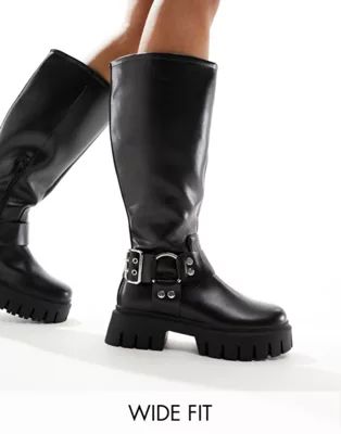 ASOS DESIGN Wide Fit Cady knee high harness biker boots in black | ASOS | ASOS (Global)