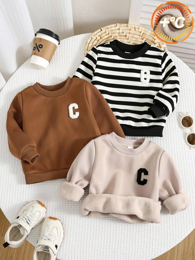 SHEIN 3pcs/Set Unisex Baby Casual Striped Letter Embroidery Crew Neck Sweatshirts, Suitable For Autumn/Winter, Baby Clothes, Kindergarten Fall | SHEIN
