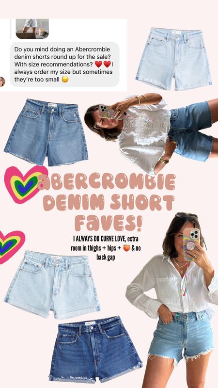 Abercrombie denim shorts sale! AFSHORTS for extra 15% off sale. My faves are curve love mom & curve love dad. I stay true to size on mom unless ordering black wash then size up one. For dad I size up one in all washes except white, that fits more true to size for me. So I do 25 curve love mom & 26 curve love dad for the most part! I’m almost always a 25 curve love at Abercrombie! 

#LTKSaleAlert #LTKFindsUnder50 #LTKFindsUnder100