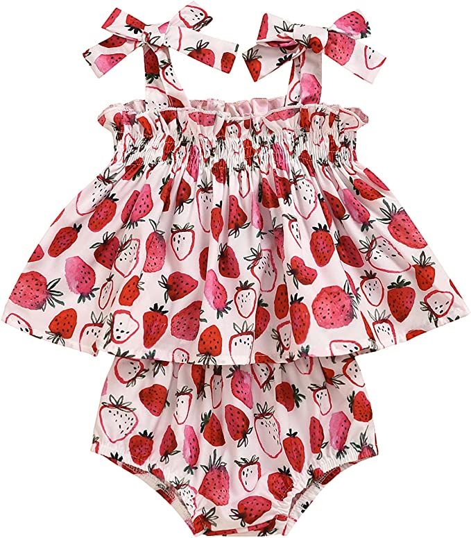 GRNSHTS Baby Girl Summer Shorts Set Strawberry Print Sling Ruffle Shirt Diaper Shorts 2Pcs Outfit... | Amazon (US)